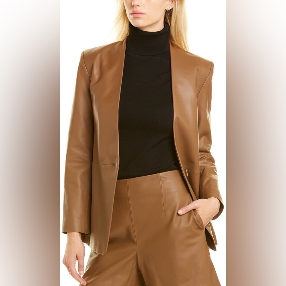 Vince Leather Collarless Blazer Jacket Single Button